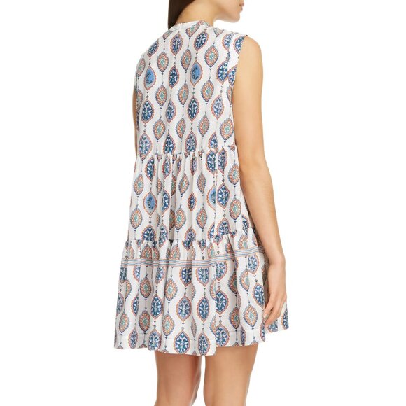 CHLOÉ Tiered Ceramic Print Babydoll Silk Mini Dress Paisley White Blue Sz 42 10 - Picture 4 of 11